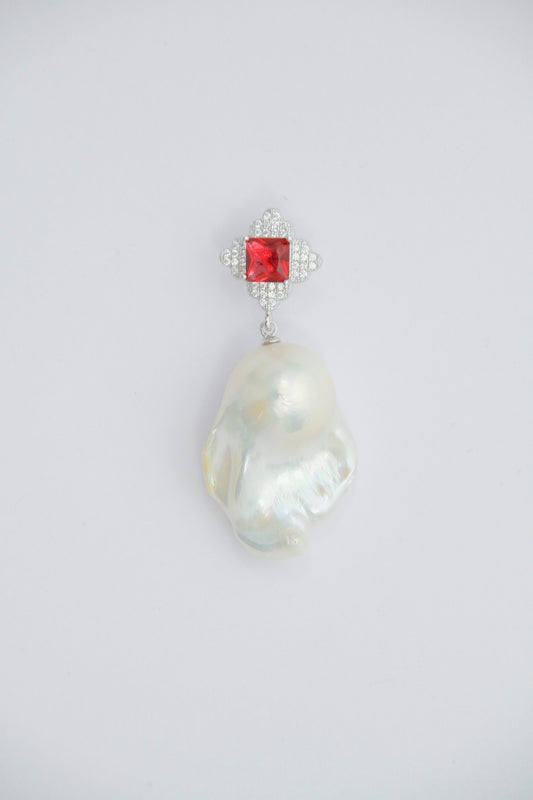 BAROQUE PEARL RED ZIRCONIA EARRING